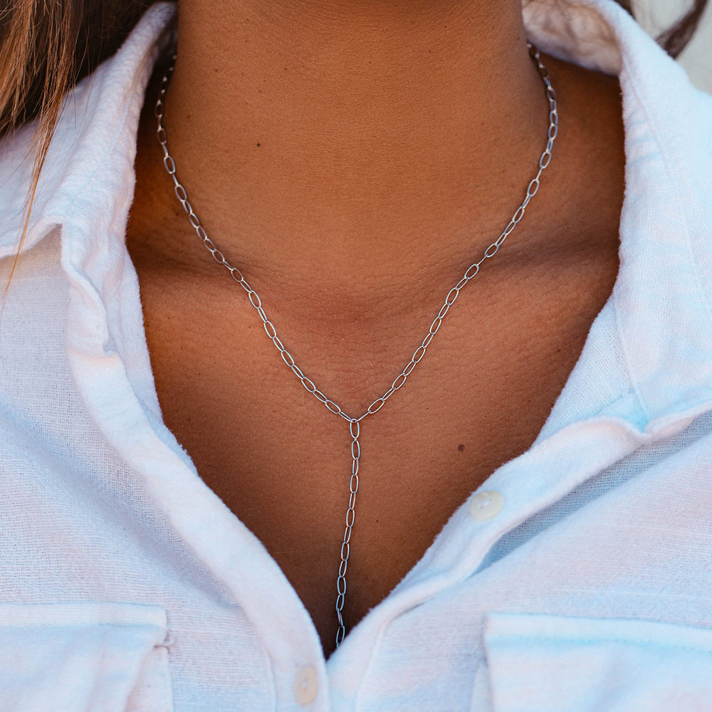 Sterling Silver Extra Large Paper Clip Lariat Disc Necklace